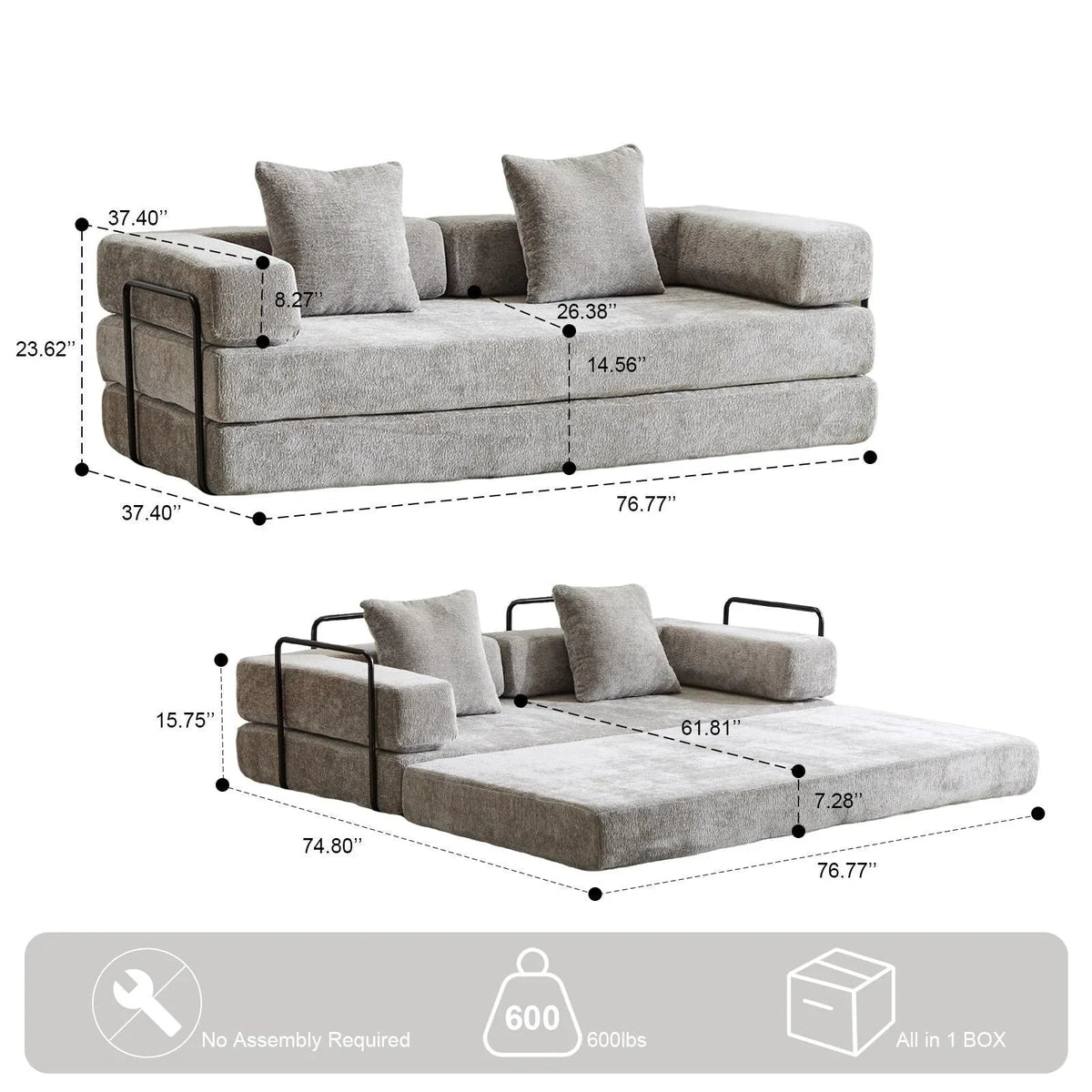 Convertible Floor Sofa Bed with Pillow Back Chenille Fabric for Living Room Bedroom