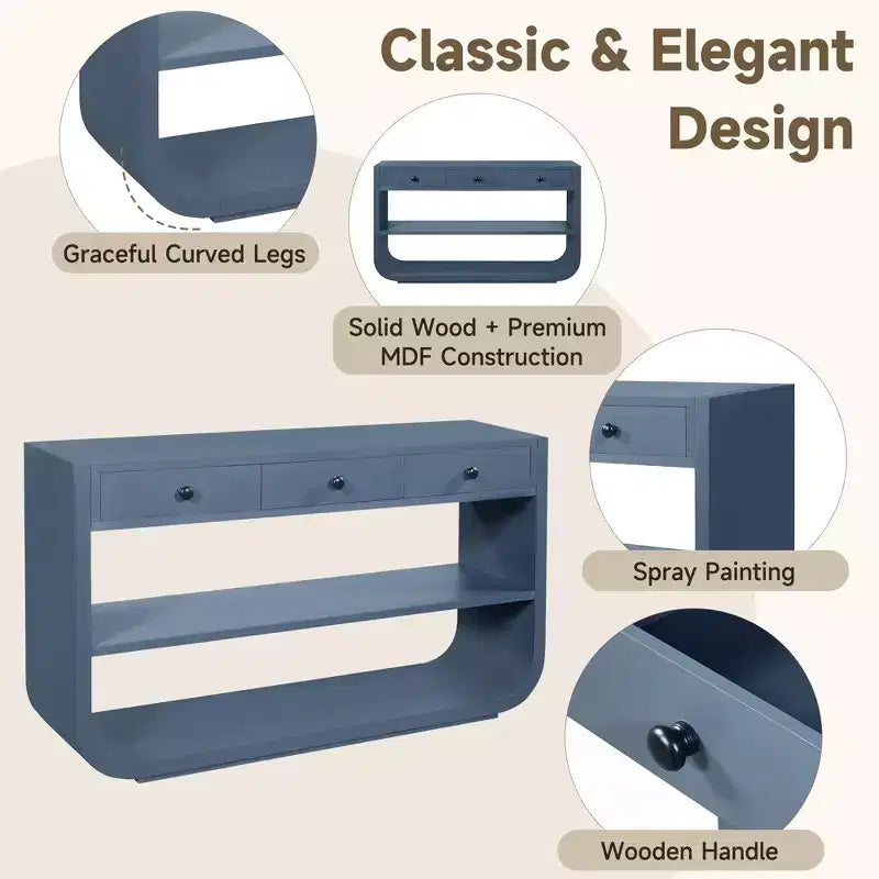 ModernLuxe Curved Console Table Entryway Table Sofa Side Table Display Stand Accent Table with 3 Soft-Close Drawers & 2 Open Shelves