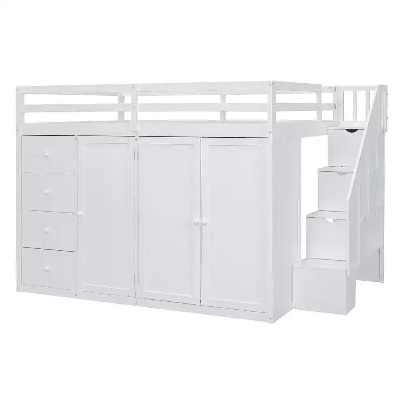Teddy Fleece Full Size Loft Bed with Storage Shelf and Drawers, Wooden High Loft Bed with Versatile Desk for Bedroom