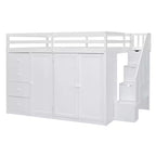 Teddy Fleece Full Size Loft Bed with Storage Shelf and Drawers, Wooden High Loft Bed with Versatile Desk for Bedroom