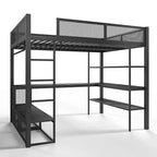 Bellemave Queen Metal Loft Bed with Desk, Storage Shelves & Hanging Rod, Space-Saving Loft Bed Frame with Guardrails & Ladder, No Box Spring, Black