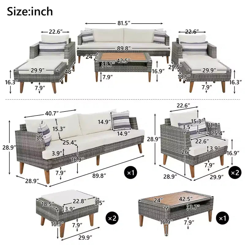 Whisen 6-Pieces All Weather PE Wicker Sofa Set, Outdoor Rattan sofa With Double Cushions