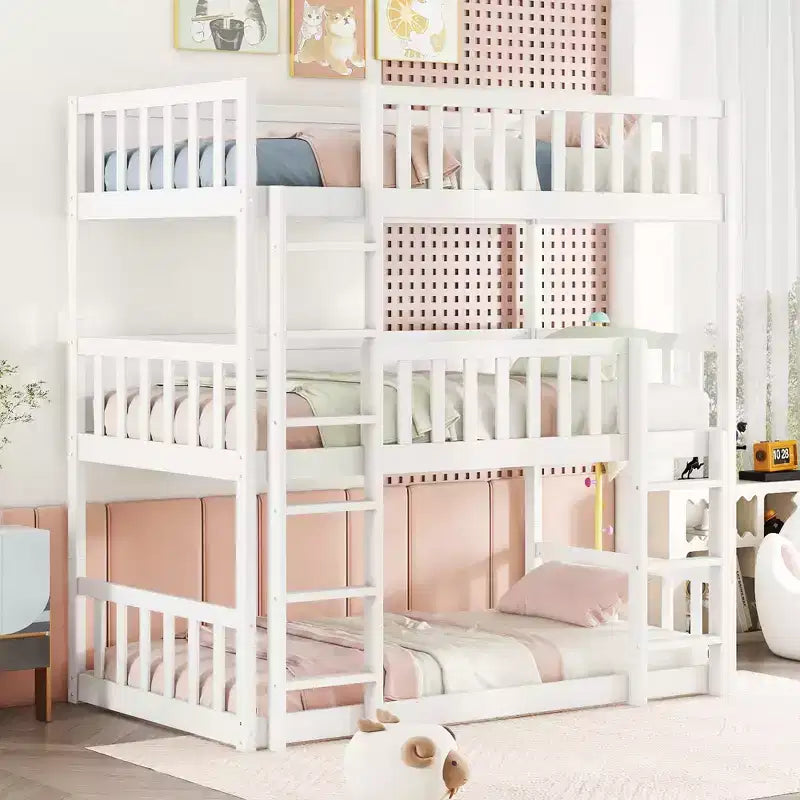 Triple Twin Bunk for Kids, Twin over Twin over Twin Detachable Bunk Bed with Ladder and Guardrail, Separate into 3 Beds