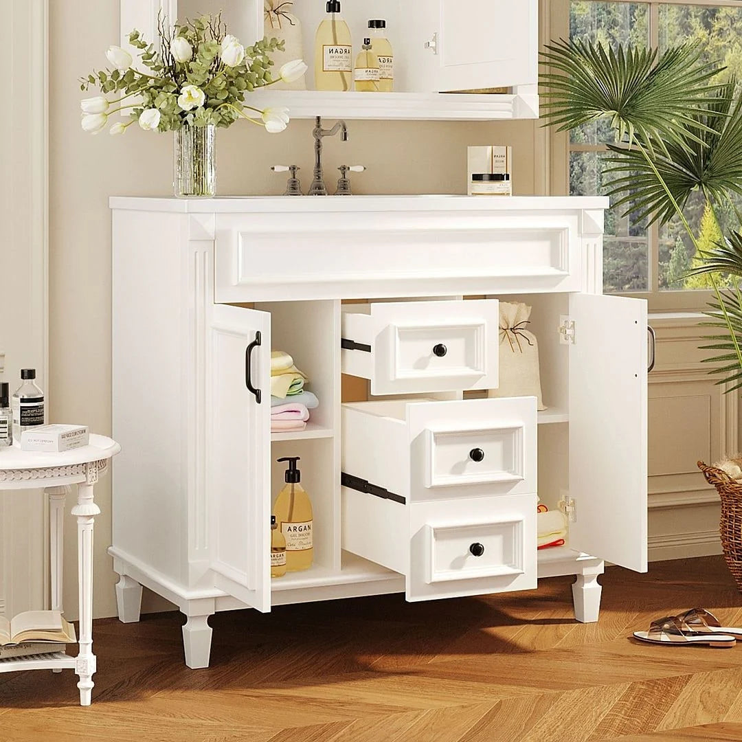 36 Modern Bathroom Vanity with Top Sink and Mirror Cabinet,2 Doors and 2 Drawers