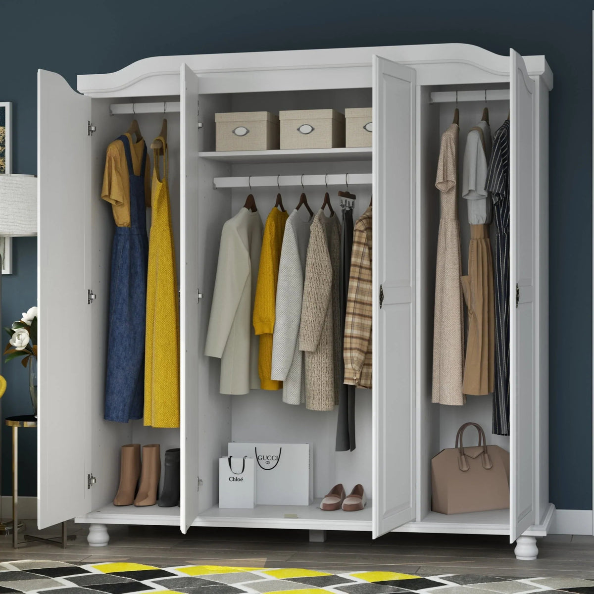 Palace Imports 100% Solid Wood Kyle 4-Door Wardrobe Armoire with Solid Wood or Mirrored Doors