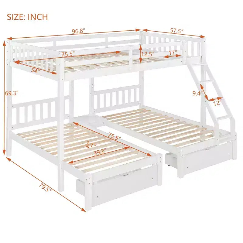 Full Over Twin & Twin Bunk Bed for 3, Wooden Triple Bunk Bed with 2 Storage Drawers, can be Divided into 3 Separate Beds