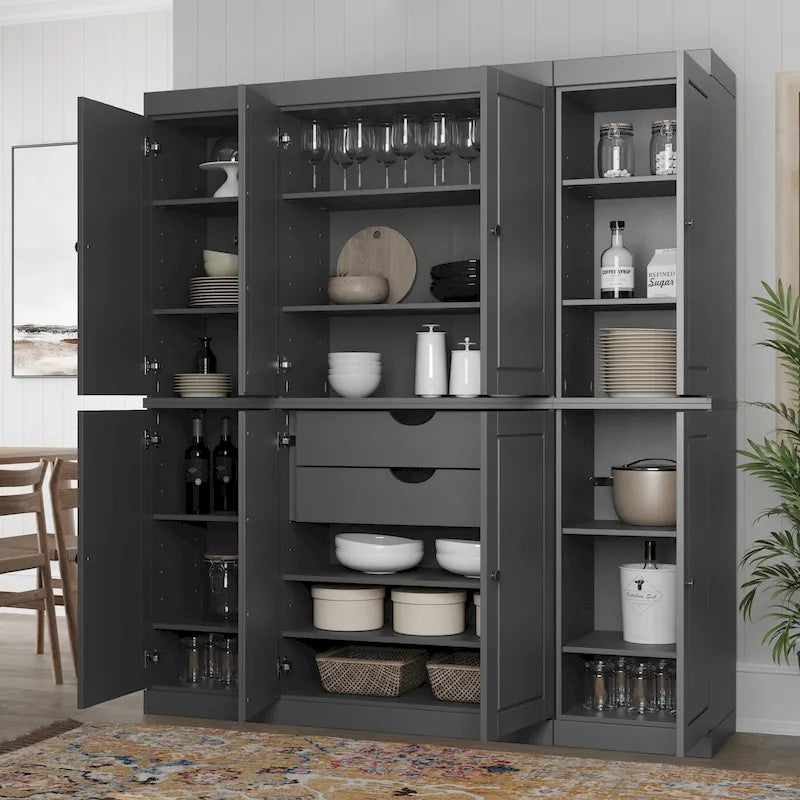 100% Solid Wood Kitchen China Pantry Buffet with Glass or Solid Wood Doors and 2-Drawer Kit 65 x 71.5