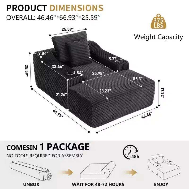 67 Chaise Lounge Chair, Indoor Sleeper Sofa Bed with 2 Pillows, Boneless Single Sofa Couch for Living Room, No Assembly Required