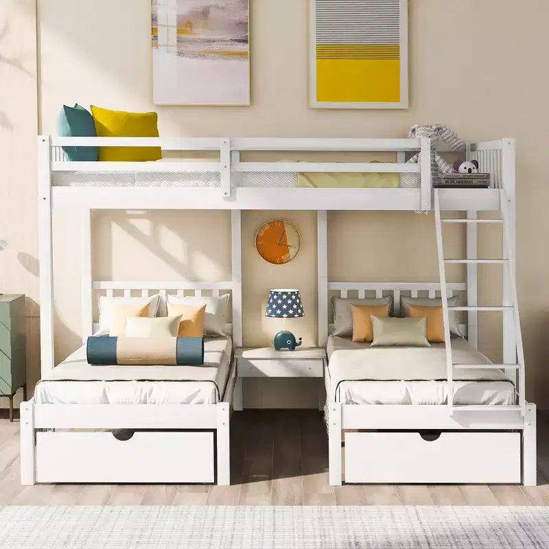 Full Over Twin & Twin Bunk Bed for 3, Wooden Triple Bunk Bed with 2 Storage Drawers, can be Divided into 3 Separate Beds