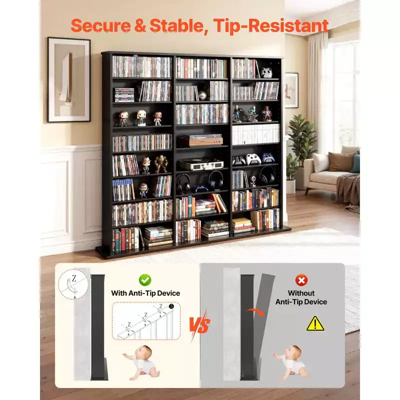 VEVOR Media Storage Cabinet, 8-Tier DVD Shelf Organizer, 55.91 x 8.66 x 51.18 in Multimedia Storage Organizer for CDs, DVDs, Books & Games, Black