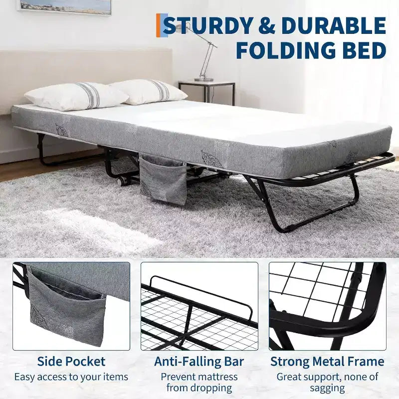 Folding Bed with Mattress for Adults,Portable Rollaway Guest Beds , Foldable Metal Frame Bed with 5 Memory Foam Mattress & Side Storage Pocket