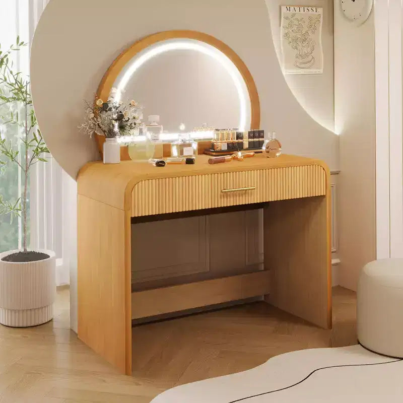 Makeup Vanity Table with Large Mirror and Touch Screen, Vanity Desk with Large Drawer and Arched Corner, Dressing Table for Bedroom