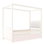 Twin/Full Size Platform Bed with Trundle, Princess Wood Canopy Bed with 3 Drawers, Storage Bed with Upholstered Headboard for Bedroom
