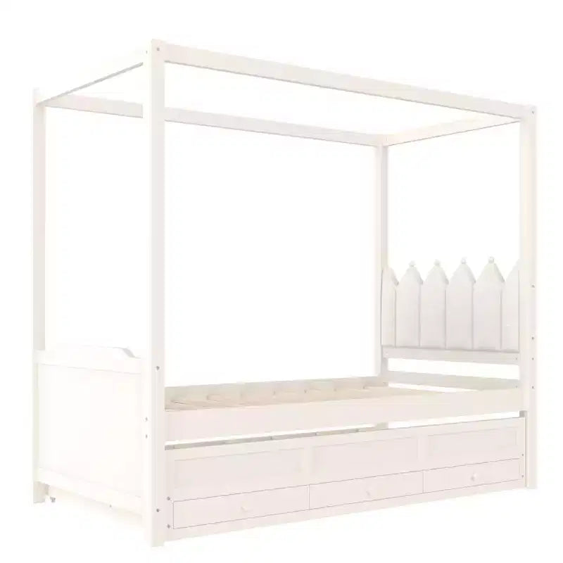 Twin/Full Size Platform Bed with Trundle, Princess Wood Canopy Bed with 3 Drawers, Storage Bed with Upholstered Headboard for Bedroom