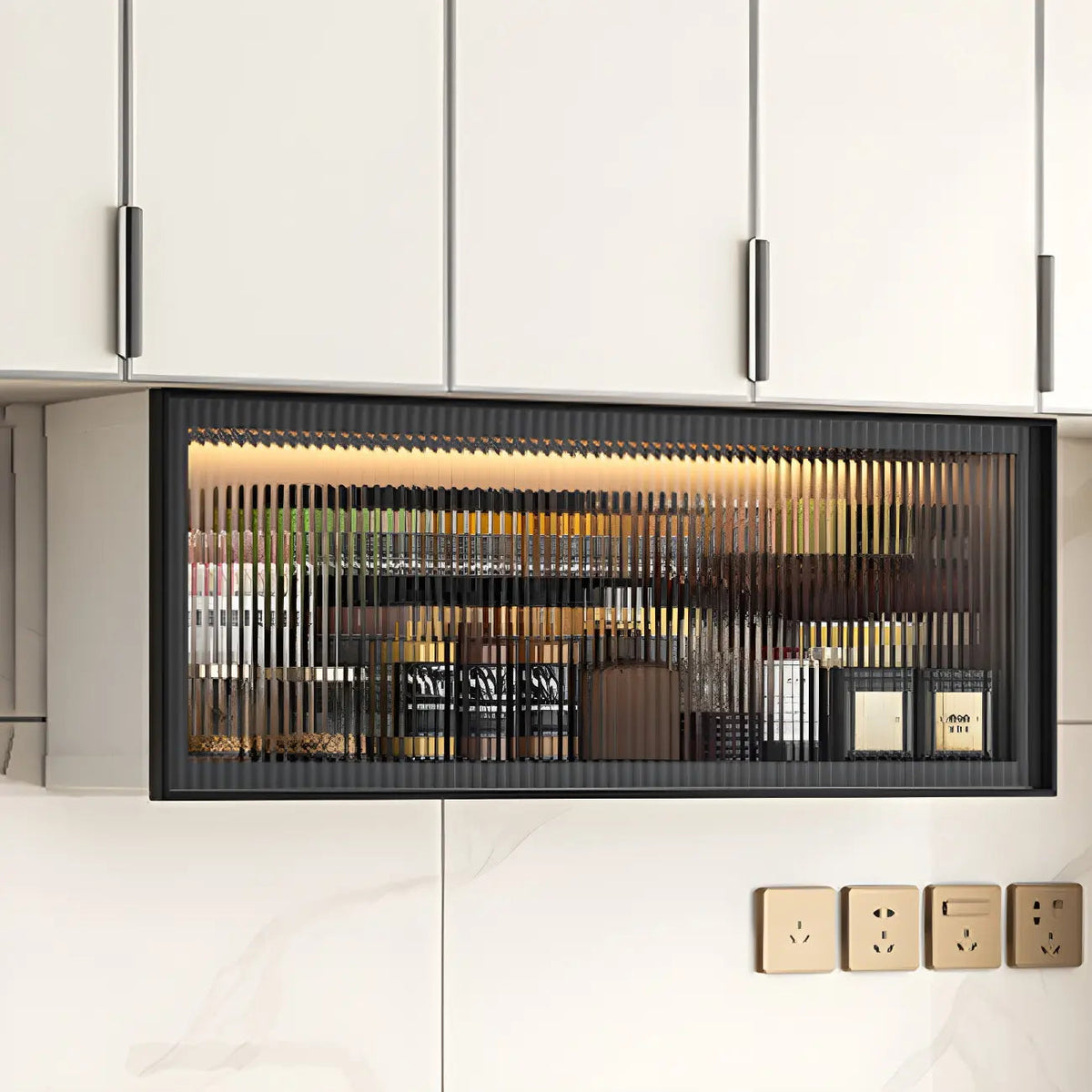 Grey Metal Floating Mounted Glass Kitchen China Cabinet