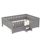 Bellemave Queen Size Toddler Bed with 14 Safety Guardrails, Space-saving Bed Frame with Built-in Bookshelves & 2 Under-Bed Storage Drawers