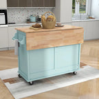 Kitchen Cart with Rubber wood Drop-Leaf Countertop, Concealed sliding barn door adjustable height