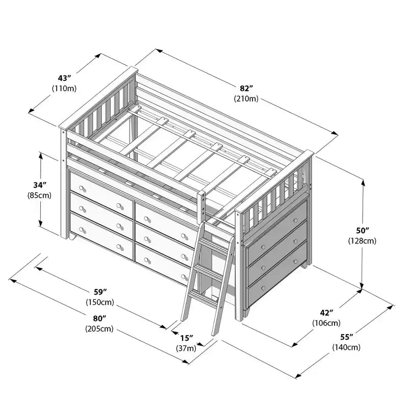 Max & Lily Twin-Size Low Loft with Pull-Out Desk and 3-Drawer Dressers