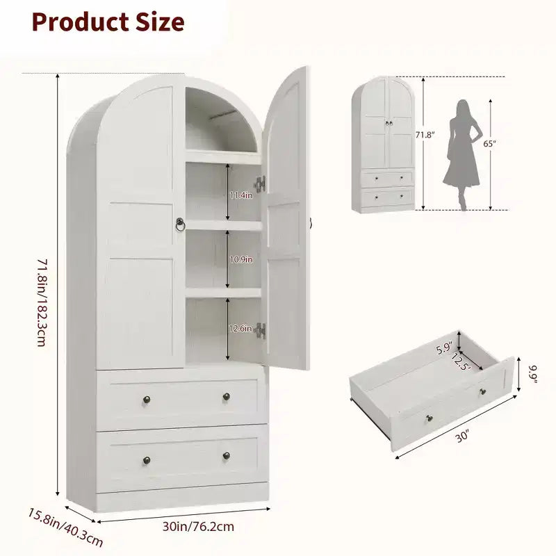 71 High Arched Bookcase, Wooden Arched Bookshelf With Doors and Drawers, Large Arched Display Bookcase With Storage, Suitable for Office Living Room