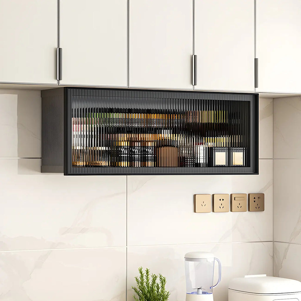 Grey Metal Floating Mounted Glass Kitchen China Cabinet