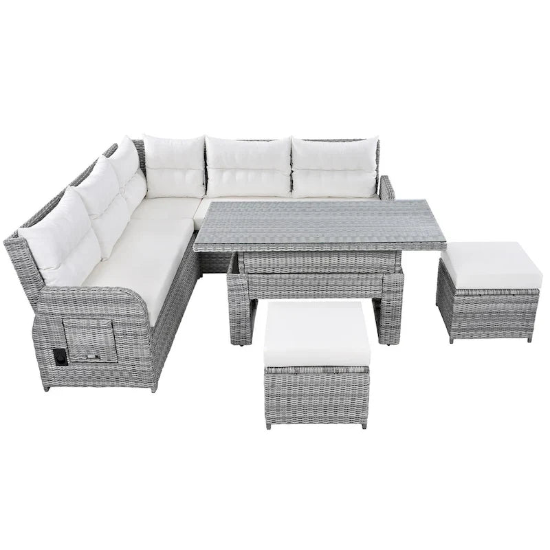 Outdoor Rattan Sectional Sofa Set with Adjustable Table & Recliners